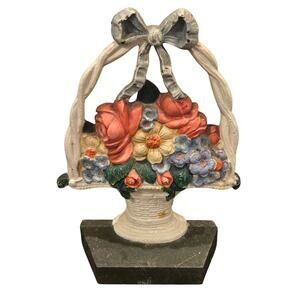 Antique Hubley Cast Iron Doorstop Basket Flowers Floral Bow Painted